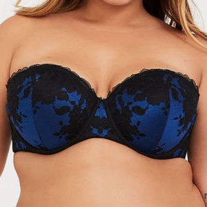 Blue & Black Strappy Lace Push-Up Strapless Bra